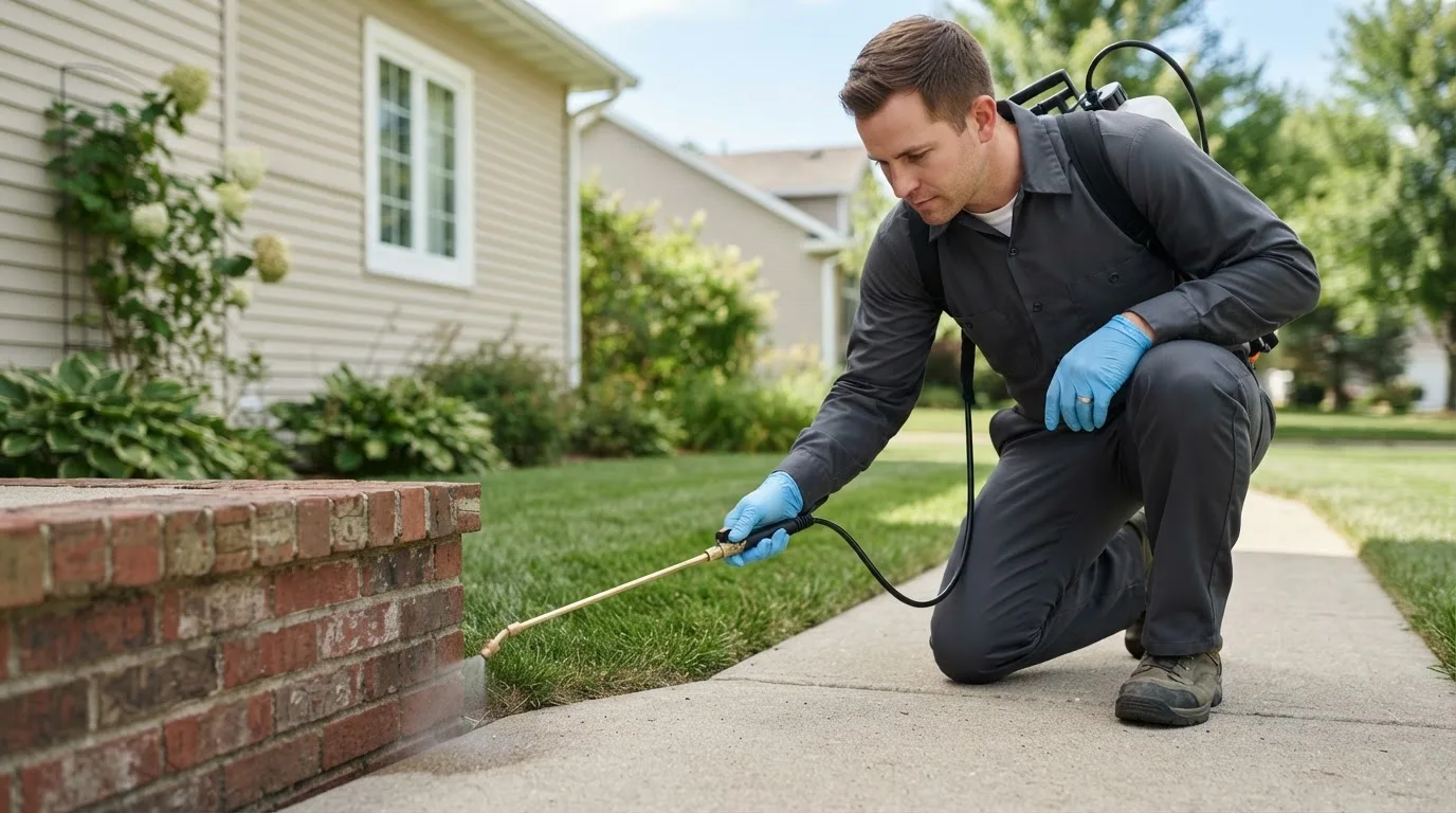 Pest control technician treating a home near Hinsdale, NH